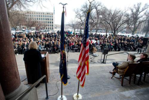 Steve Griffin  |  The Salt Lake Tribune

Salt Lake Mayor Jackie Biskupski addresses the audience during Oath of Office Ceremony for her and council members Andrew Johnston, Derek Kitchen and Charlie Luke at the City & County Building in Salt Lake City, Monday, January 4, 2016.