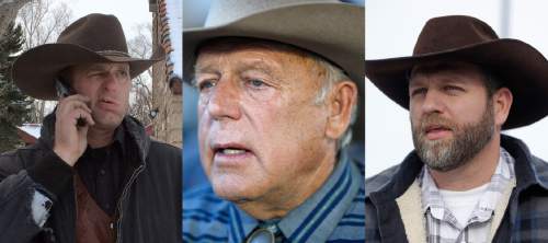 FILE - This is a combo of file photos showing the Bundy family from left to right, Ryan Bundy, Cliven Bundy and Ammon Bundy. Ryan and Ammon Bundy are part of a group of protesters who are in a standoff at the Malheur National Wildlife Refuge in Burns, Ore. They are also the sons of rancher Cliven Bundy, who was involved in a 2014 Nevada standoff with the government over grazing rights. (AP Photos/File)