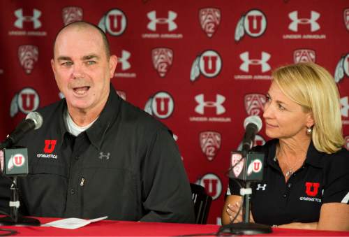 Rick Egan  |  The Salt Lake Tribune

Greg Marsden, Utah gymnastics coach for the past 40 years, comments on his retirement, with his wife Megan at his side, at a news conference at the Huntsman Center, Tuesday, April 21, 2015.