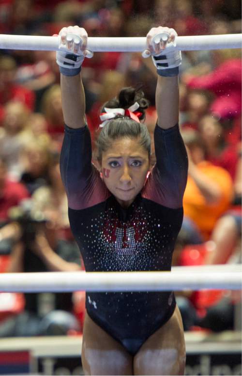 Rick Egan  |  The Salt Lake Tribune

Kassandra Lopez competes on the bars for the Utes, in the Pac-12 Gymnastics Championships at the Huntsman Center, Saturday, March 21, 2015.