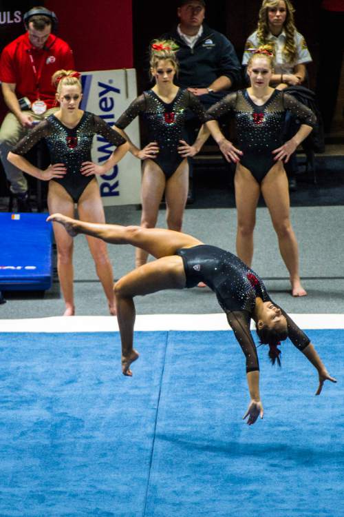 Chris Detrick  |  The Salt Lake Tribune
Utah gymnast Kailah Delaney performs her floor routine during the Red Rocks Preview at the Huntsman Center Friday December 11, 2015.