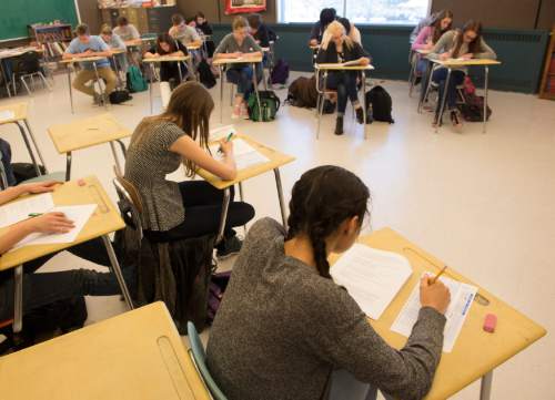 Rick Egan  |  The Salt Lake Tribune

Students take a test in their AP US History class, class at Skyline high, Thursday, March 19, 2015