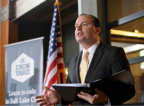 Al Hartmann  |  The Salt Lake Tribune
Utah Sen. Mike Lee holds a roundtable with young professionals in the tech industry at Church and State in Salt Lake City Wed. Jan 6.