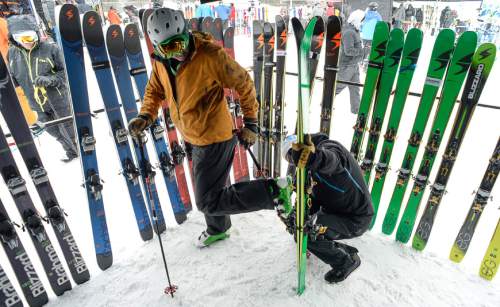 Francisco Kjolseth  |  The Salt Lake Tribune
David Cressman of Mount Shasta, CA, left, who runs a mountain guide service, tries on a pair of Blizzard skis during Mountain Demo Day at Solitude Resort in Big Cottonwood Canyon that precedes the opening of the Outdoor Retailer Winter Market trade show.