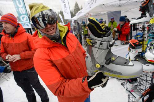 Francisco Kjolseth | The Salt Lake Tribune
Ross Herr shows off the latest from Dynafit, the Tlt 7 Performance lightweight boot during the Mountain Demo Day that precedes the opening of the Outdoor Retailer Winter Market at Solitude Resort in Big Cottonwood Canyon.
