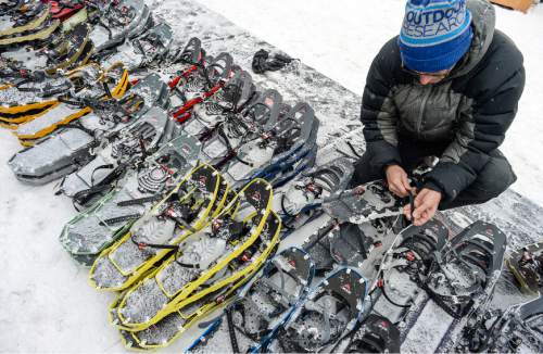 Francisco Kjolseth | The Salt Lake Tribune
Chris Parkhurst, Vice President of MSR, adjusts a pair of snowshoes during the Mountain Demo Day that precedes the opening of the Outdoor Retailer Winter Market trade show at Solitude Resort in Big Cottonwood Canyon.