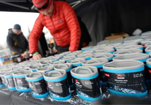 Francisco Kjolseth | The Salt Lake Tribune
Hot chocolate and coffee keep people warm during the Mountain Demo Day that precedes the opening of the Outdoor Retailer Winter Market trade at Solitude Resort in Big Cottonwood Canyon.