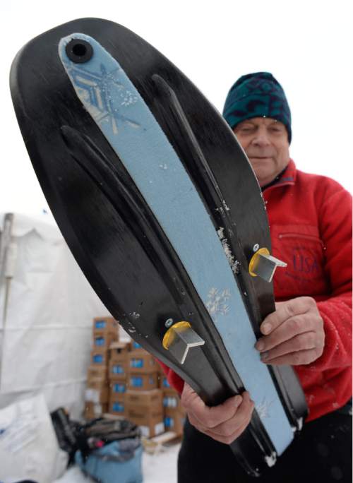 Francisco Kjolseth | The Salt Lake Tribune
Eric Darnell shows off his Snow Gliders, a combination ski and snow shoe during the Mountain Demo Day that precedes the opening of the Outdoor Retailer Winter Market trade show at Solitude Resort in Big Cottonwood Canyon.