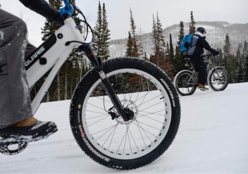 Francisco Kjolseth | The Salt Lake Tribune
Polaris gets in to the Fat Bike revolution with an electric assist version as people give them a try during the Mountain Demo Day at Solitude Resort in Big Cottonwood Canyon that precedes the opening of the Outdoor Retailer Winter Market trade show.