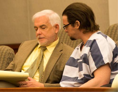 Rick Egan  |  The Salt Lake Tribune

Joshua Schoenenberger sits by defense attorney,Ed Brass during a preliminary hearing, Thursday, January 7, 2016. Schoenenberger is accused of fatally beating his girlfriend's 2-year-old son to death.