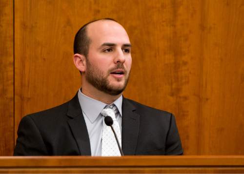 Rick Egan  |  The Salt Lake Tribune

Ryan Jeppson, Layton Police Department, takes the witness stand during Joshua Schoenenberger's preliminary hearing, in Farmington, Thursday, January 7, 2016. Schoenenberger is accused of fatally beating his girlfriend's 2-year-old son to death.