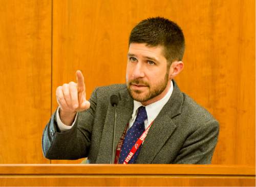 Rick Egan  |  The Salt Lake Tribune

Dr. Brooks Keeshin, Primary Children's Hospital, takes the witness stand during Joshua Schoenenberger's preliminary hearing, in Farmington, Thursday, January 7, 2016. Schoenenberger is accused of fatally beating his girlfriend's 2-year-old son to death.
