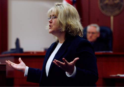 Steve Griffin  |  The Salt Lake Tribune

Salt Lake City -Public defender Denise Porter delivers closing statements during the capitol murder trail of Floyd Maestas, for the 2004 murder of a 72-year-old woman, in Judge Paul Maughan's courtroom at the Matheson Courthouse in Salt Lake City Friday, February 1, 2008.