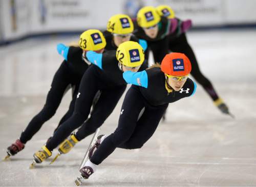 Steve Griffin  |  The Salt Lake Tribune


 Jessica Smith leads the pack during the 1500-meter race in the 2014 U.S. Olympic Short Track Trials at the Utah Olympic Oval in Kearns, Friday, January 3, 2014.