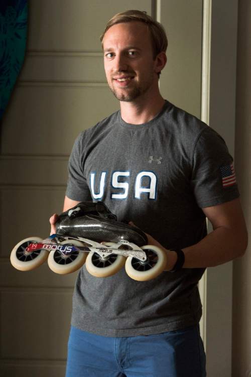 Rick Egan  |  The Salt Lake Tribune

Olympic silver medalist, Chris Creveling holds the inline skates he will be using for the 10K on Saturday, Wednesday, April 15, 2015.