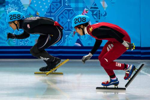 Chris Detrick  |  The Salt Lake Tribune

J.R. Celski, of Salt Lake City, and Dequan Chen, of China, (208) compete in the 1,500-meter short-track speedskating finals at Iceberg Skating Palace during the 2014 Sochi Olympic Games Monday February 10, 2014. Celski finished in fourth place with a time of 2:15.624, 0.639 behind gold medalist Charles Hamelin of Canada.