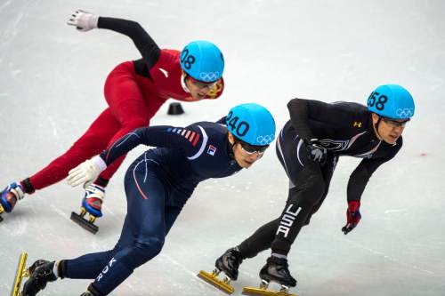 Chris Detrick  |  The Salt Lake Tribune

Han-Bin Lee, of Korea, (240) J.R. Celski, of Salt Lake City, and Dequan Chen, of China, (208) compete in the 1,500-meter short-track speedskating finals at Iceberg Skating Palace during the 2014 Sochi Olympic Games Monday February 10, 2014. Celski finished in fourth place with a time of 2:15.624, 0.639 behind gold medalist Charles Hamelin of Canada.