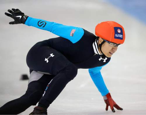 Steve Griffin  |  The Salt Lake Tribune

J.R. Celski glides around a corner during the 1500-meter race in the 2014 U.S. Olympic Short Track Trials at the Utah Olympic Oval in Kearns, Friday, January 3, 2014.