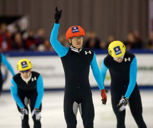 Steve Griffin  |  The Salt Lake Tribune

J.R. Celski holds up a number one after winning the 1500-meter race in the 2014 U.S. Olympic Short Track Trials at the Utah Olympic Oval in Kearns, Friday, January 3, 2014.