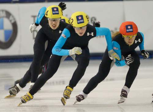 Steve Griffin  |  The Salt Lake Tribune


 Jessica Smith, right, ducks in front of Alyson Dudek, center, during the 1500-meter race in the 2014 U.S. Olympic Short Track Trials at the Utah Olympic Oval in Kearns, Friday, January 3, 2014.