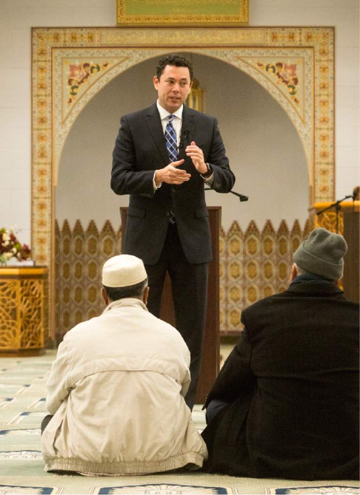 Rick Egan  |  The Salt Lake Tribune

Rep. Jason Chaffetz talks with Utah Muslims at the Khadeeja Islamic Center, Monday, December 14, 2015.
