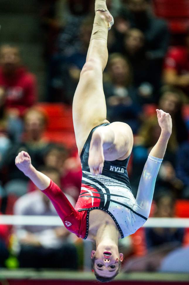 Chris Detrick  |  The Salt Lake Tribune
Utah's Baely Rowe competes on the beam during the gymnastics meet against BYU at the Huntsman Center Friday January 8, 2016.