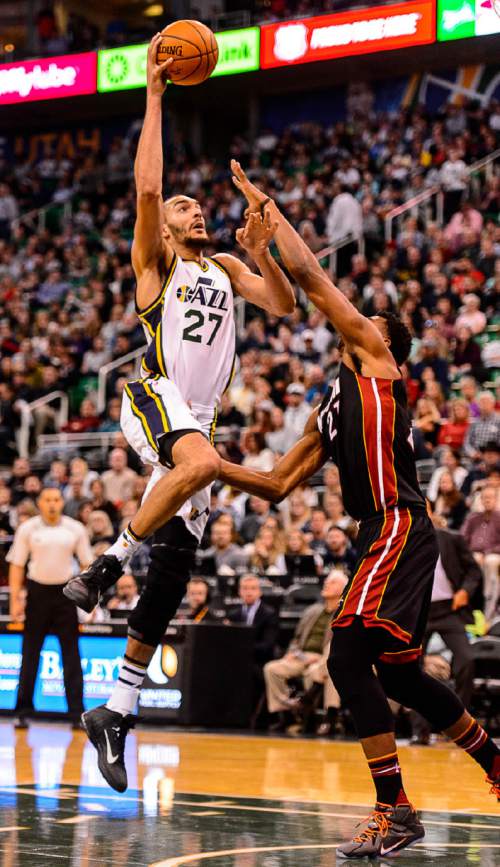 Trent Nelson  |  The Salt Lake Tribune
Utah Jazz center Rudy Gobert (27) puts up a shot as the Utah Jazz host the Miami Heat, NBA basketball in Salt Lake City, Saturday January 9, 2016.