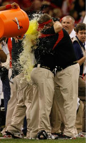 Chris Detrick  |  The Salt Lake Tribune

Utah head coach Kyle Whittingham gets gatorade dumped on him after the Utes defeated Alabama in the 4th quarter of 75th annual Sugar Bowl in New Orleans, Friday, January 2, 2009.