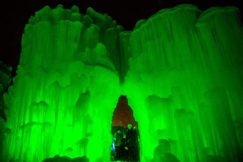 Chris Detrick  |  The Salt Lake Tribune
The acre-sized Midway Ice Castles as seen during a sneak preview at Soldier Hollow Thursday January 7, 2016. The Midway Ice Castles open Friday, Jan. 8, featuring giant archways, tunnels, slot canyons, an ice slide, caverns, glacial waterfalls and a frozen throne.