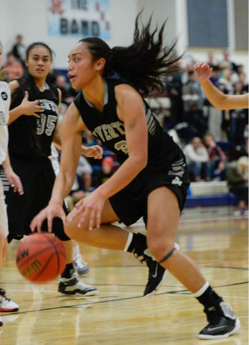 Francisco Kjolseth | The Salt Lake Tribune
Riverton's Tiena Afu makes her way to the basket at Herriman in a Region 4 girls' basketball game.