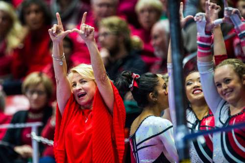 Chris Detrick  |  The Salt Lake Tribune
Utah coach Megan Marsden cheers during the gymnastics meet against BYU at the Huntsman Center Friday January 8, 2016.