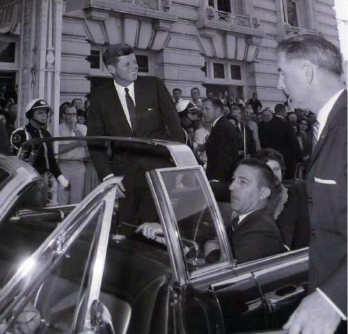 photo courtesy Utah State Historical Society

John F. Kennedy leaves the Hotel Utah before giving a speech at Temple Square on September 26, 1963.