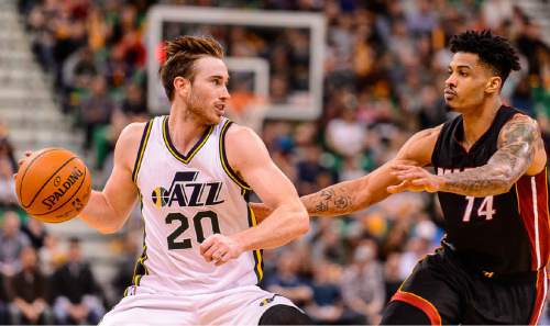 Trent Nelson  |  The Salt Lake Tribune
Utah Jazz forward Gordon Hayward (20) defended by Miami Heat forward Gerald Green (14) as the Utah Jazz host the Miami Heat, NBA basketball in Salt Lake City, Saturday January 9, 2016.