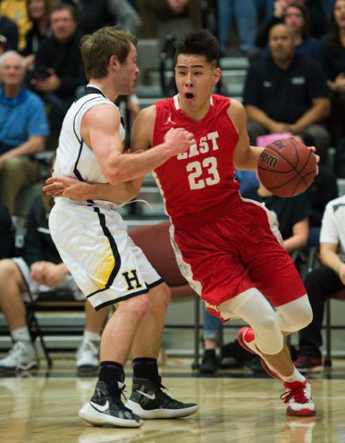 Steve Griffin  |  The Salt Lake Tribune


East's Dacian Spotted Elk tries to get past Highland's Will Trivce during Region 5 rival game at Highland High School in Salt Lake City, Tuesday, January 12, 2016. Highland defeated East in double overtime.