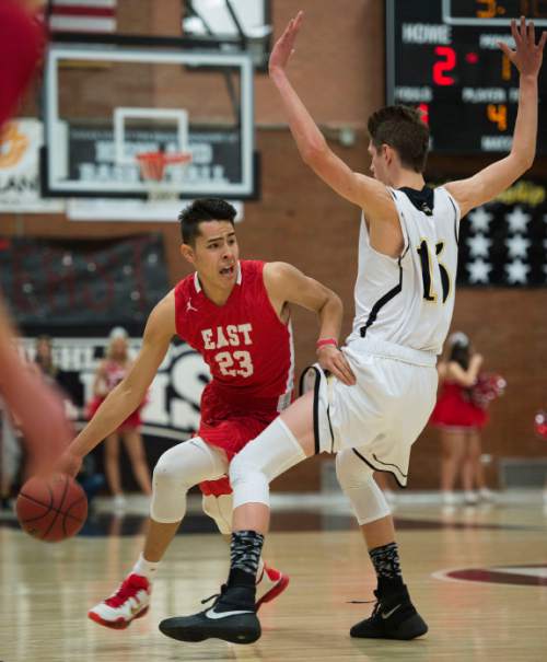 Steve Griffin  |  The Salt Lake Tribune


East's Dacian Spotted Elk tries to get past Highland's Rick Schmidt during Region 5 rival game at Highland High School in Salt Lake City, Tuesday, January 12, 2016. Highland defeated East in double overtime.