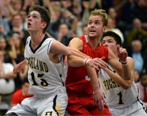 Steve Griffin  |  The Salt Lake Tribune


Highland's Rick Schmidt boxes out East's Blake Hansen as tries to get into the lane during Region 5 rival game at Highland High School in Salt Lake City, Tuesday, January 12, 2016. Highland defeated East in double overtime.