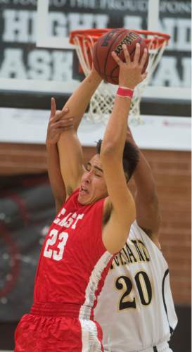 Steve Griffin  |  The Salt Lake Tribune


East's Dacian Spotted Elk grabs a rebound from Highland's Elijah Shelton during Region 5 rival game at Highland High School in Salt Lake City, Tuesday, January 12, 2016. Highland defeated East in double overtime.