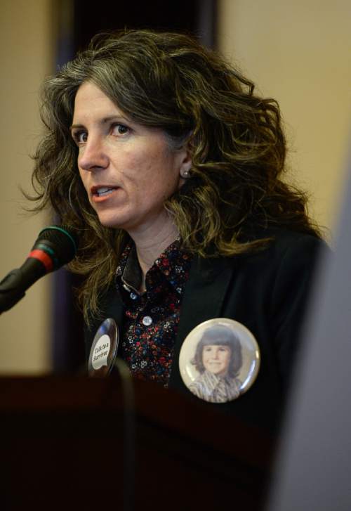 Francisco Kjolseth | The Salt Lake Tribune
DeAnn Tilton, survivor of sexual assault by her father that started at the age of 6, and Founder of Talk to a Survivor wears a button with her picture during a recent press conference at the Utah Capitol. The Utah Department of Health (UDOH) in partnership with the Utah Coalition Against Sexual Assault and the Utah Sexual Violence Council release new data on the economic burden of sexual violence in Utah.
This is the first time data on the total financial costs of sexual violence in Utah has been compiled. In Utah, one in eight women and one in 50 men will report being raped and nearly one in three women will experience some form of sexual violence. Utah ranks 9th in the nation for reported rape.