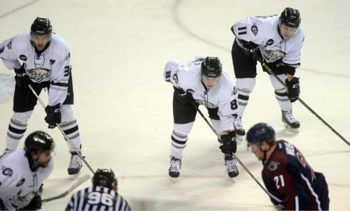 Steve Griffin  |  The Salt Lake Tribune


Utah Grizzlies forwards Shayne Taker, Ryan Walters and Josh Macdonald line up for a face-off during the Grizzlies versus Tulsa hockey game at the Maverik Center in West Valley City, Wednesday, January 13, 2016.
