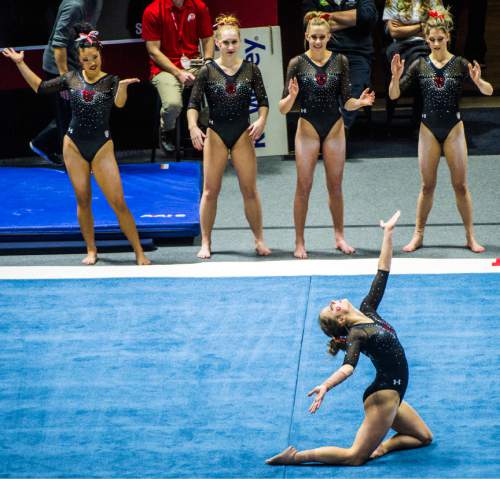 Chris Detrick  |  The Salt Lake Tribune
Utah gymnast performs Breanna Hughes her floor routine during the Red Rocks Preview at the Huntsman Center Friday December 11, 2015.