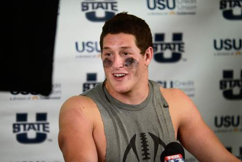 Scott Sommerdorf   |  The Salt Lake Tribune
Utah State Aggies LB Nick Vigil (41) talks about getting so many turnovers on defense vs Boise State. Utah State defeated Boise State 52-26 in Logan, Friday, October 15, 2015.
