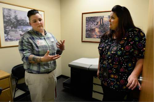 Scott Sommerdorf   |  The Salt Lake Tribune
Lauren McGreevy, left, therapist substance use clinic, speaks with Michelle Grossman, clinic manager for the health clinics of Utah, after a news conference that announced a new medical clinic at VOA's Cornerstone Counseling Center, Thursday, January 14, 2016. 
They will now be able to more closely collaborate their care due to Volunteers of America, Utah, extending healthcare to low-income individuals in Utah by partnering with the State of Utah Department of Health to open a medical clinic within VOA's Cornerstone Counseling Center.