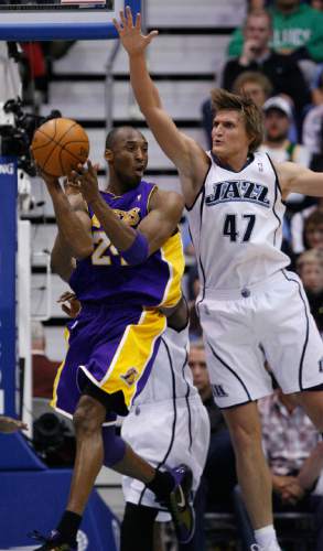 Chris Detrick | The Salt Lake Tribune

Los Angeles Lakers' Kobe Bryant (24) passes the ball away as he is guarded by Utah Jazz's Andrei Kirilenko (47) as the Jazz face the Lakers in game four of the second round of the playoffs at EnergySolutions Arena Monday, May 10, 2010.