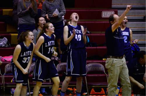 Scott Sommerdorf   |  The Salt Lake Tribune
Layton's bench reacts as the Lancers rallied late to beat Viewmont 47-39 in a Region 2 girls basketball game, Friday, January 15, 2016.