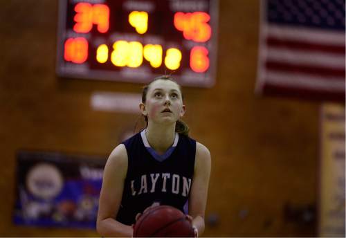 Scott Sommerdorf   |  The Salt Lake Tribune
Layton's Sunnie Martinez sizes up a late free throw attempt as Layton rallied to beat Viewmont 47-39 in a Region 2 girls basketball game, Friday, January 15, 2016.