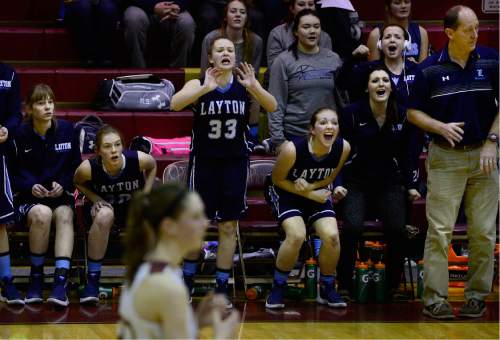 Scott Sommerdorf   |  The Salt Lake Tribune
Layton's bench cheers during the Lancer's late rally to erase a ten-point defecit and beat Viewmont 47-39 in a Region 2 girls basketball game, Friday, January 15, 2016.