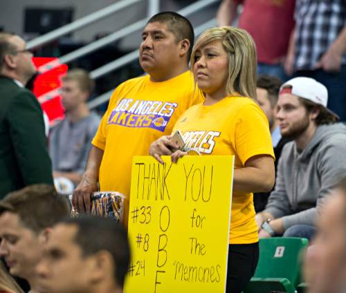 Lennie Mahler  |  The Salt Lake Tribune

Kobe Bryant fans watch players warm up before a game between the Utah Jazz and the Los Angeles Lakers at Vivint Smart Home Arena in Salt Lake City, Saturday, Jan. 16, 2016.