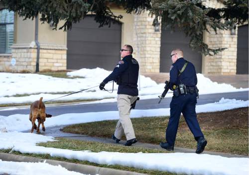 Scott Sommerdorf   |  The Salt Lake Tribune
A Unified Police officer works a search of the neighborhood with a search dog and another officer. Police at the scene of an officer-involved shooting, in Holladay, Sunday, January 17, 2016.