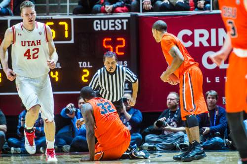 Chris Detrick  |  The Salt Lake Tribune
Oregon State Beavers forward Jarmal Reid (32) trips official Tommy Nunez during the game at the Huntsman Center Sunday January 17, 2016. Reid was called with a technical foul and ejected from the game. Utah Utes won the game against Oregon State Beavers 59-53.