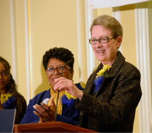 Al Hartmann  |  The Salt Lake Tribune
Karen Shepherd, former member U.S. House of Representatives recieves the Rosa Parks Award at the 32nd Annual Dr. Martin Luther King Jr., Memorial Luncheon, hosted by NAACP in Salt Lake City Monday Jan. 18.